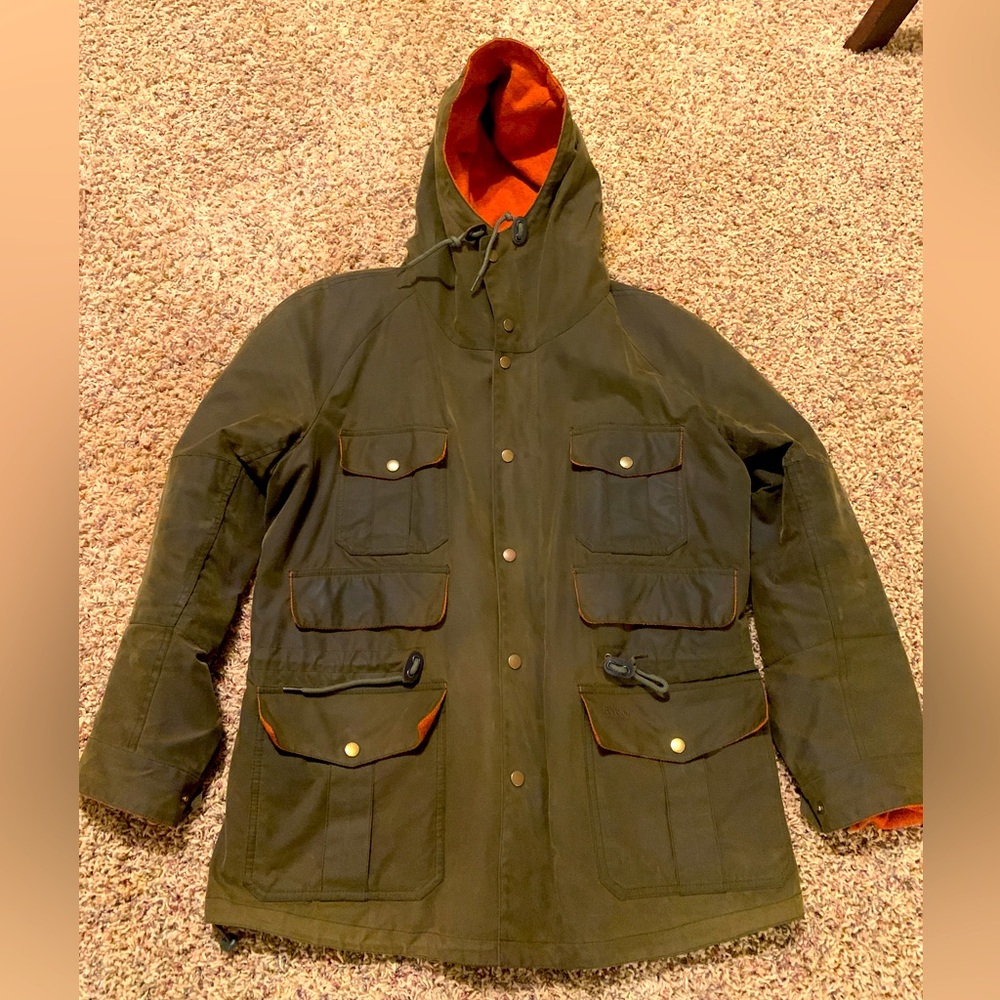 Men’s Barbour Wessex Wax Cotton Coat. Size L. Green w Orange & Tartan Lining